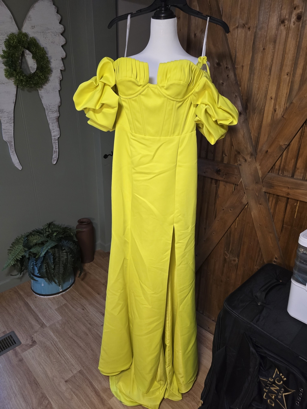 Terani Couture Neon Yellow Off-Shoulder Evening Gown with Puff Sleeves
